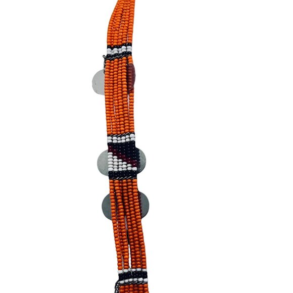 Multi Strand Orange, Black & White Seed Bead Necklace W/Dangling Circles (5468) - Picture 2 of 7
